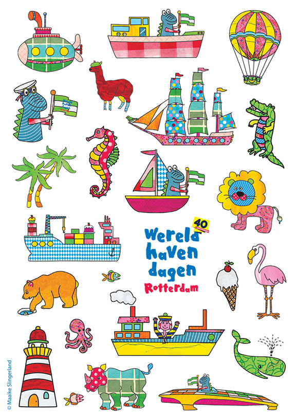 Illustratie voor Wereldhavendagen Rotterdam behorende bij een creatieve illustratie knutsel workshop  voor kinderen, die ik gaf tijdens het jublileumjaar. 